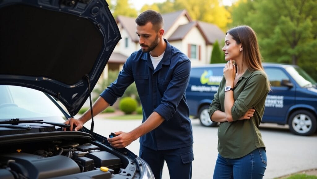 A professional mobile mechanic working on a car in a residential driveway in Raleigh, NC. The vehicle hood is open, and tools are neatly laid out. Sunny weather, suburban background, technician