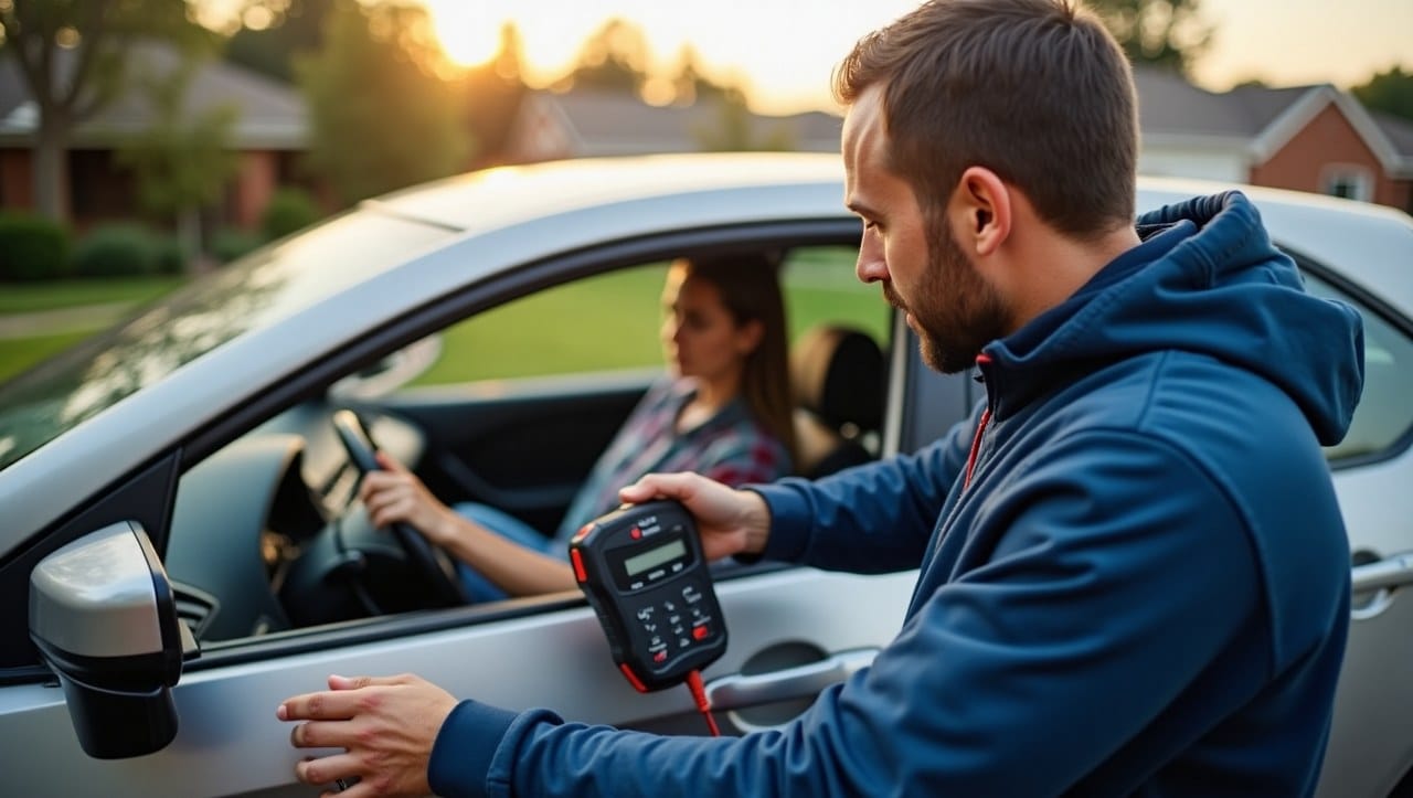 Emphasize the convenience of mobile services and the mechanic’s expertise. The scene should convey a professional, efficient, and calm atmosphere, with the mechanic focused on solving the issue quickly without the need for a shop visit.