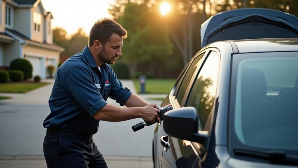 A mobile mechanic working on a car in Raleigh, NC, with the mechanic using a diagnostic scanner to check the car's onboard computer. The car is parked in a residential driveway with Raleigh’s skyline visible in the distance
