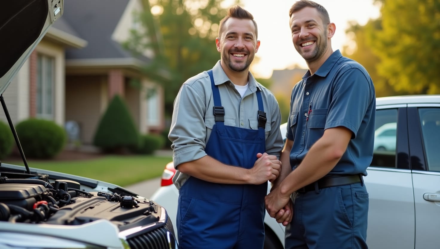 Oil change being performed by a mobile mechanic on a customer's car at their home in Raleigh, NC