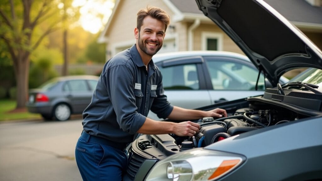 Mobile mechanic diagnosing a car engine in a Raleigh neighborhood driveway