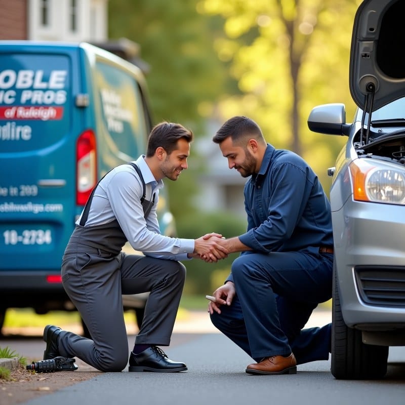 Mobile mechanic performing on-site engine diagnostics in a Raleigh residential driveway.