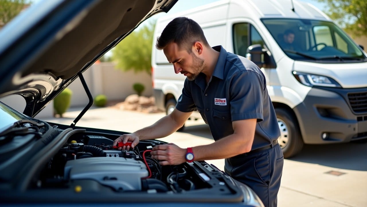 Raleigh mobile mechanic speaking with a smiling customer next to a vehicle during a home service call.